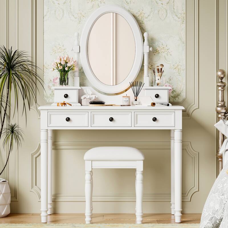 Vanity Desk with Adjustable Mirror Vintage Makeup Table Cushioned Stool 5 Drawers Walnut Bedroom