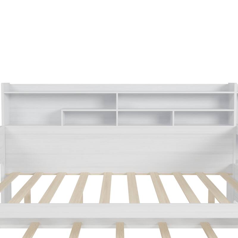 Wooden Full Size Daybed with Twin Trundle and Study Desk, Multi-functional Design with Storage Shelves, Bedroom Furniture