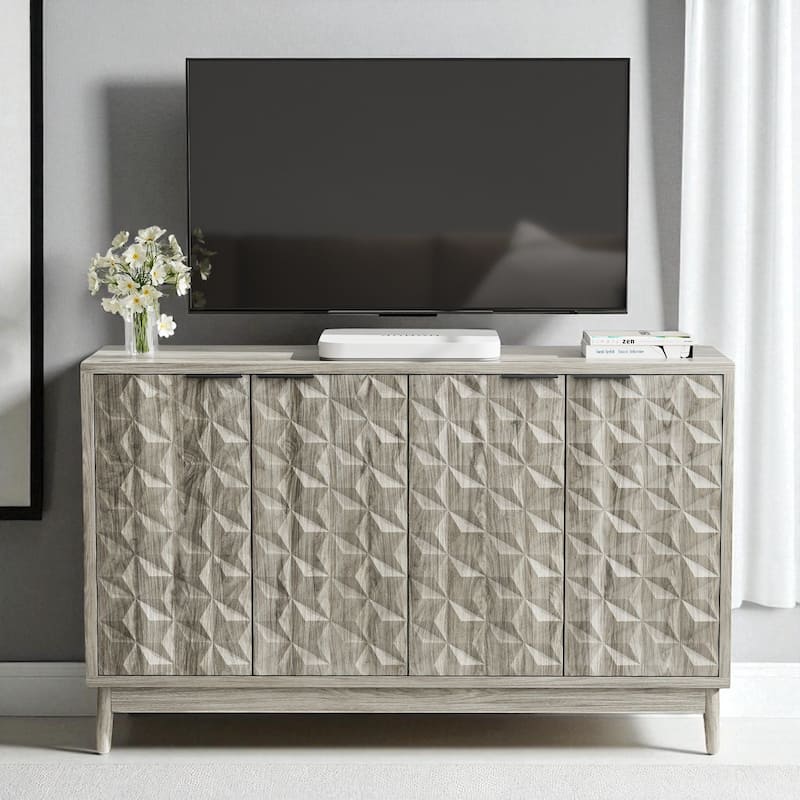 Modern Grey Sideboard Buffet Cabinet with 4 Diamond Relief Doors and Adjustable Shelves for Kitchen or Hallway - Grey