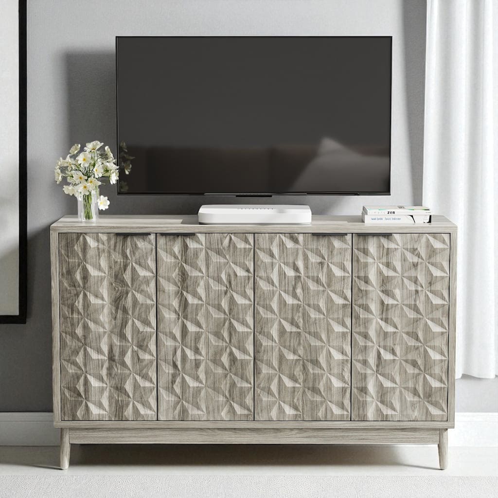 Modern Grey Sideboard Buffet Cabinet with 4 Diamond Relief Doors and Adjustable Shelves for Kitchen or Hallway