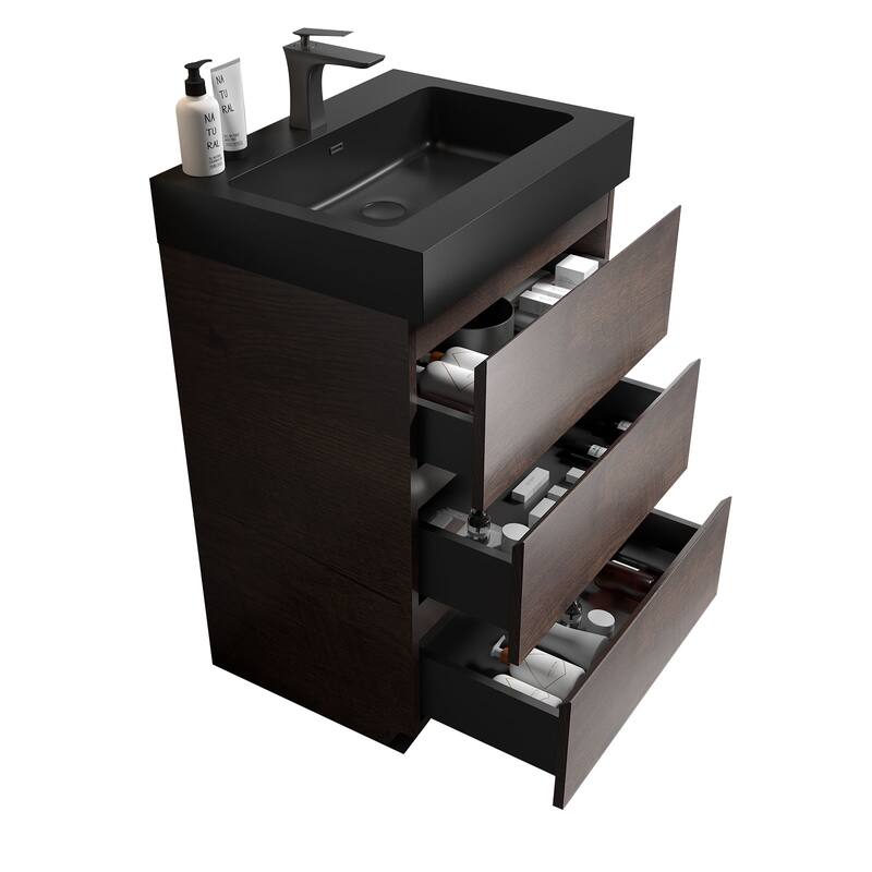 GDFStudio - Alice Walnut Freestanding Bathroom Vanity with One-Piece Matte Black Sink, Modern Handle-Free Design, Pre-Assembled