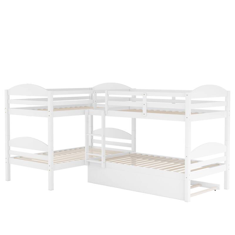 White Twin L-Shaped Bunk Bed with Trundle, No Box Spring Required, Assembly Needed