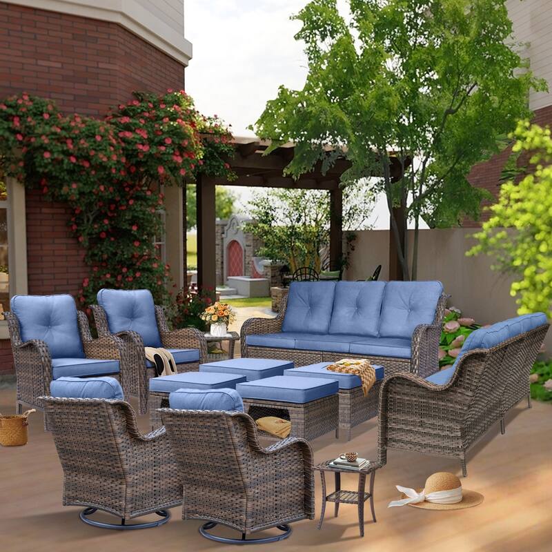 Rattan Wicker Outdoor Patio Furniture Sofa Set with Swivel Rocker Chairs - 12 Piece - Denim Blue