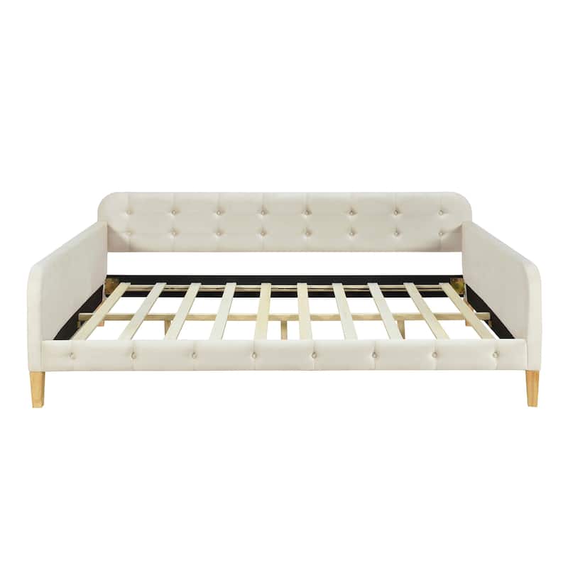 Button Backrest Upholstered Platform Bed Frame, Twin XL Size Daybed with LED Belt and Slats, Pull-out Trundle Bed