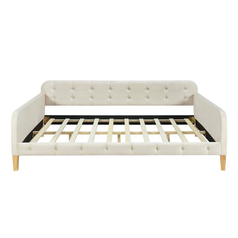 Full Size Velvet Upholstered Daybed Frame with Tufted Backrest & 4 Legs