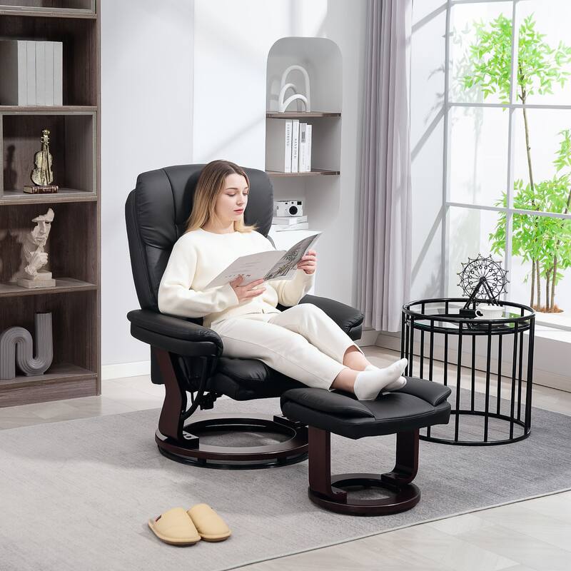 Modern Faux Leather Recliner Chair with Ottoman and Adjustable Positions Metal Base for Living Room
