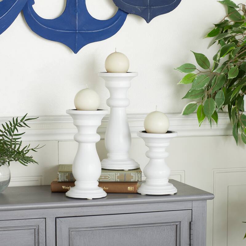 Mango Wood Turned Style Pillar Candle Holder (Set of 3) - Black, White or Gold - S/3 10", 8", 6"H - White