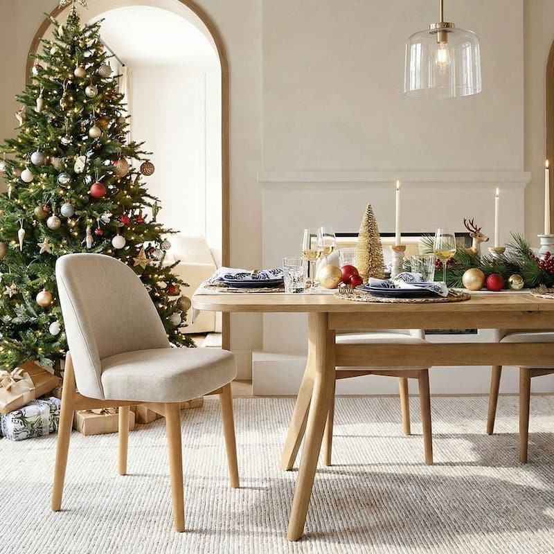 Linen Upholstered Dining Chairs With Solid Wood Legs (Set of 8)