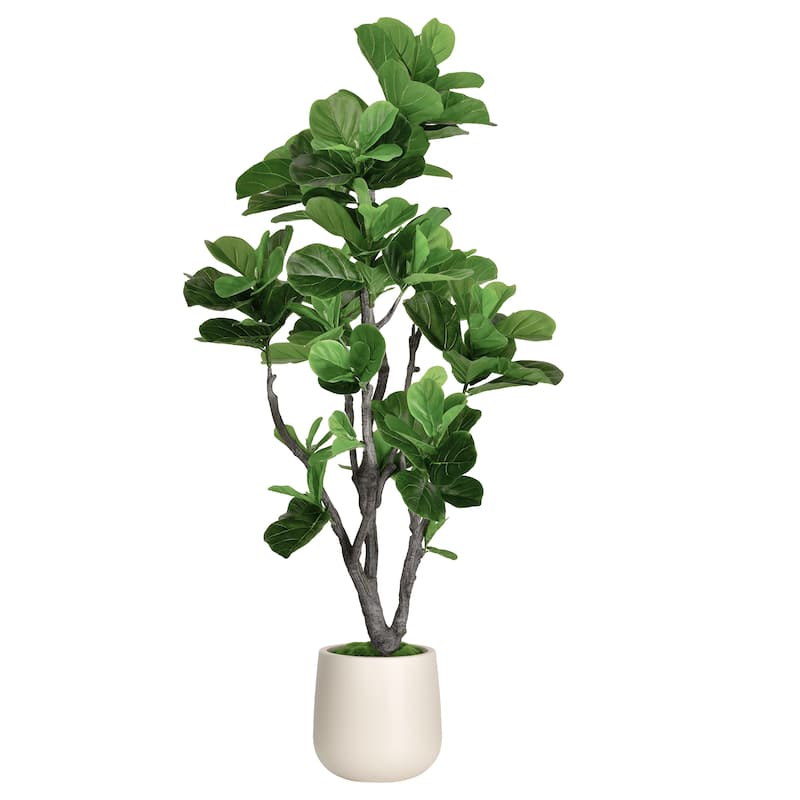 Artificial Fiddle Leaf Fig Tree in White Decor Pot, Faux Green Plant