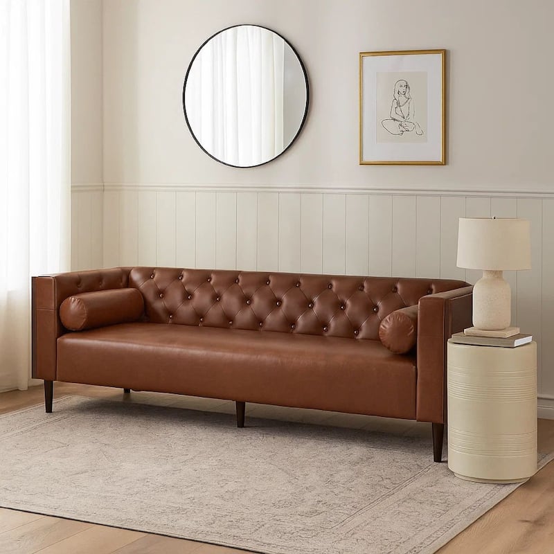 Biya Sofa, 3 Seater, 90 Inch, Tufted Brown Faux Leather, 2 Pillows
