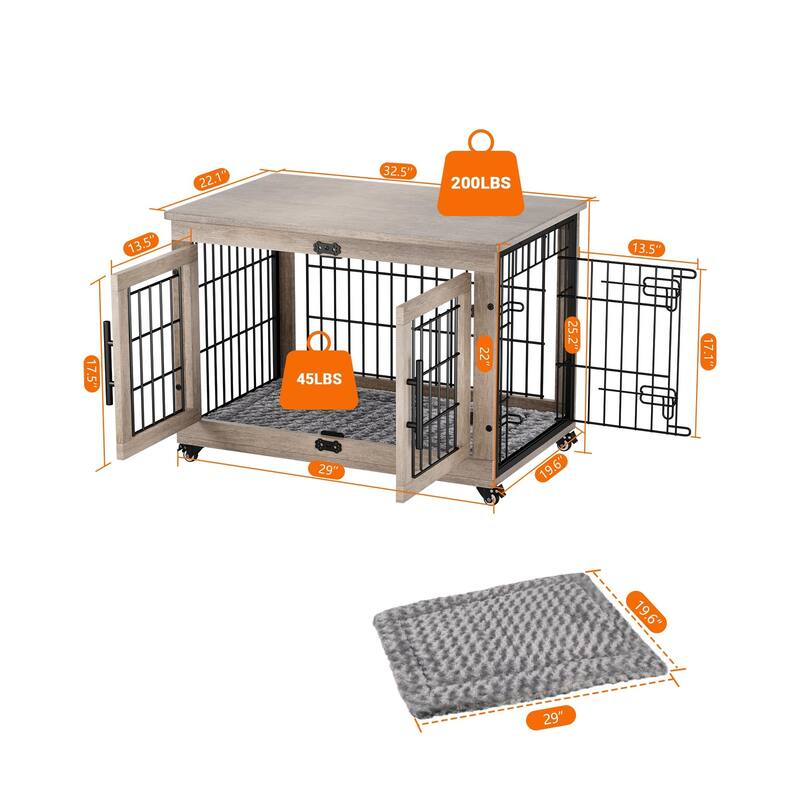 Dog Crate Furniture with Cushion Double Doors Wooden Dog Kennel