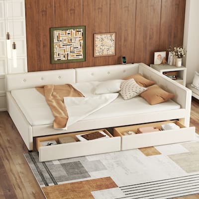 Full Size Modern Upholstered Platform Bed with USB and Two Drawers