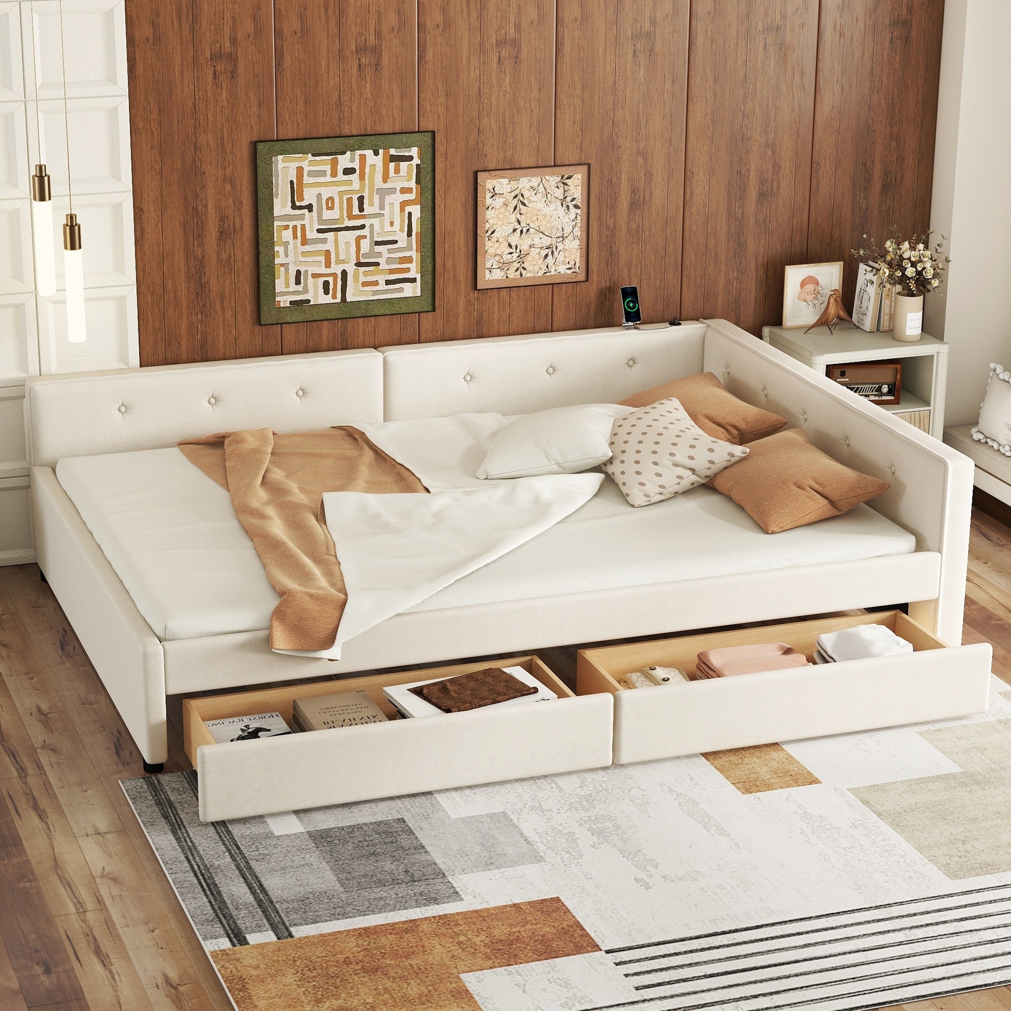 Roomfitters Full/Queen Size Upholstered Platform Bed with USB Port and Storage Base, Beige