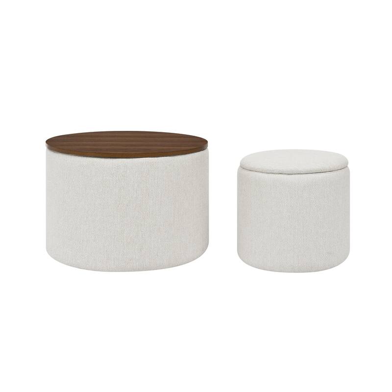 Roomfitters 2-Piece Round Chenille Storage Ottoman Set with Drum-Shaped Stool and MDF Top, Hidden Compartment