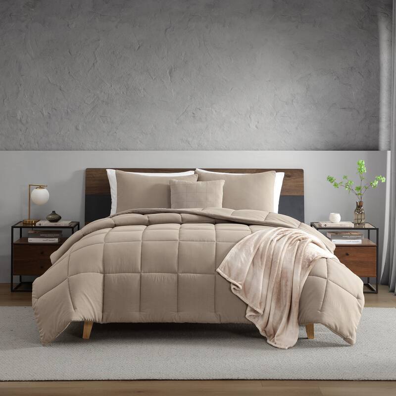 Kenneth Cole Reaction Box Stitch Stonewashed Solid Comforter Set Reversible (Brown, 5 Piece)