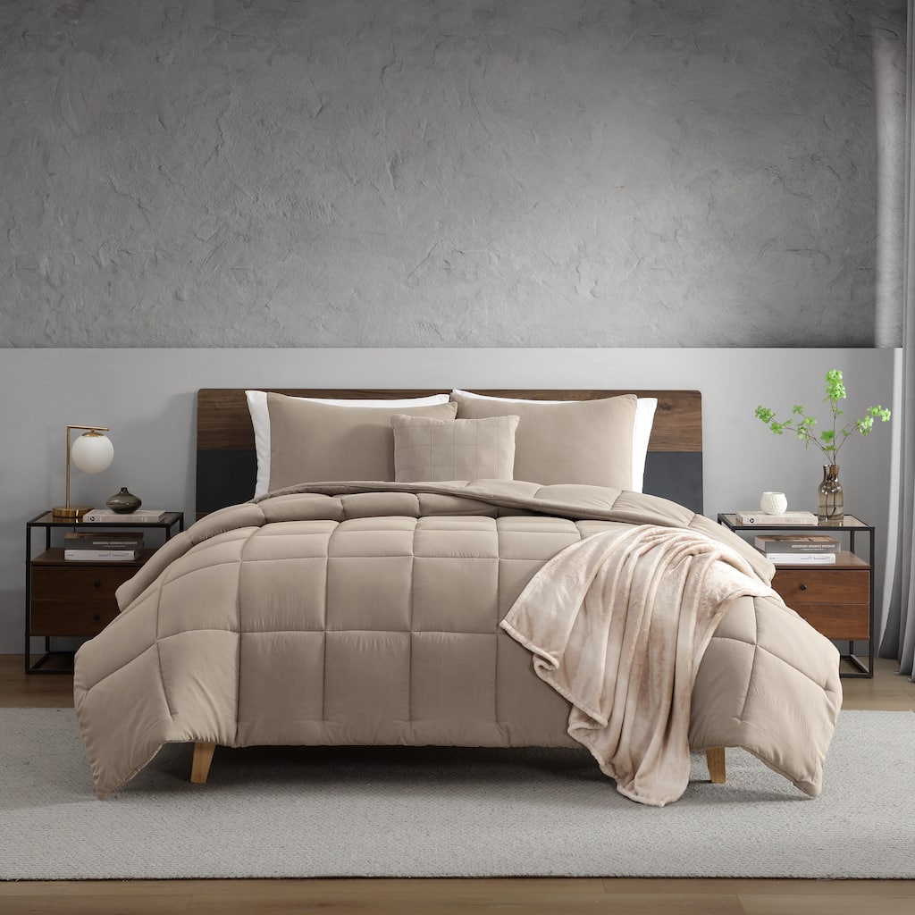 Kenneth Cole Reaction Box Stitch Stonewashed Solid Comforter Set Reversible (Brown, 5 Piece)
