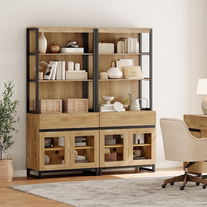 2 PCS Modern 72" Tall Buffet Cabinet with 2 Drawers and Open Shelves, Storage Cabinet for Dining Room or Kitchen