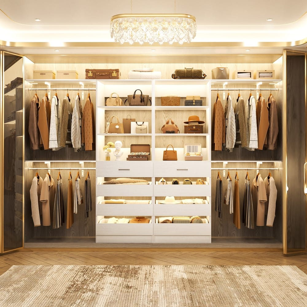 Set of 2 Closet System with Wooden Drawers and Hanging Rods, Closet Organizer with Adjustable Storage Shelves