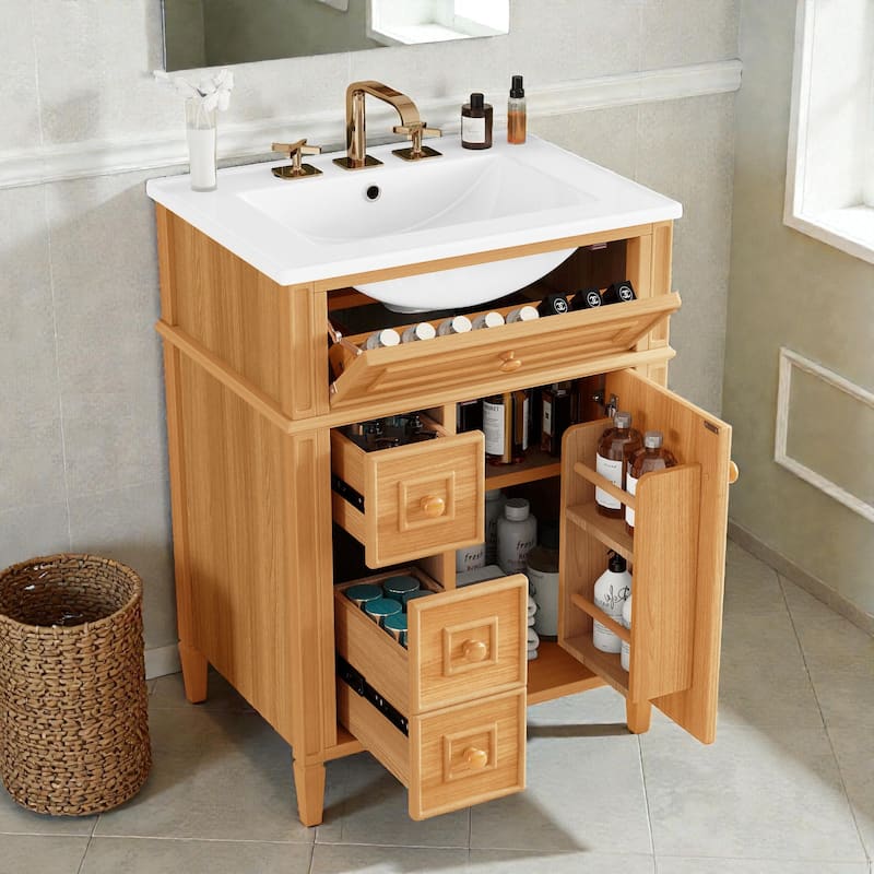 24" Bathroom Vanity with Ceramic Sink, Wood Cabinet with Flip-Out Drawer, Soft-Close Drawers and Door
