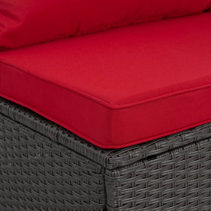 Outdoor 7-Piece PE Wicker Furniture Set with Lounger Sofa, Coffee Table, and Ottomans, Conversation Set for Patio Pool