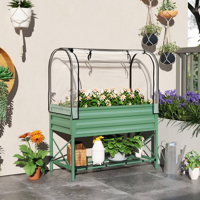 Outsunny Raised Garden Bed with Cover and Storage Shelf, Rectangular Metal Elevated Planter Box