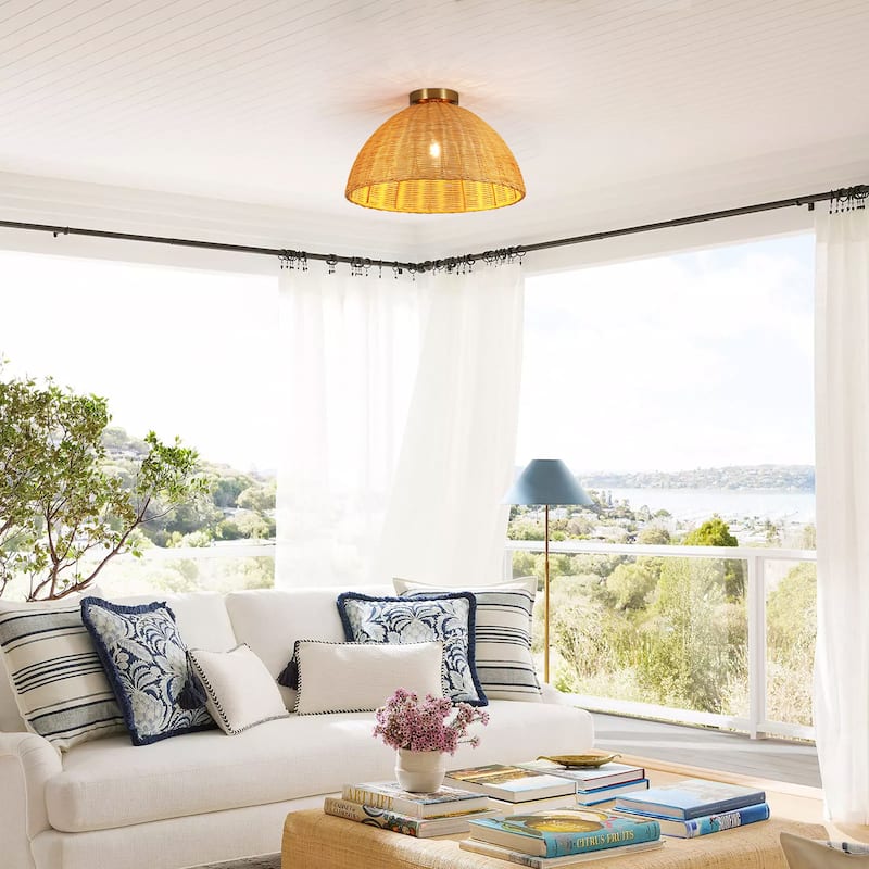 16.5" W Boho Coastal Brown Handwoven Rattan Dome Flush Mount Ceilig Light for Kitchen, Hallways