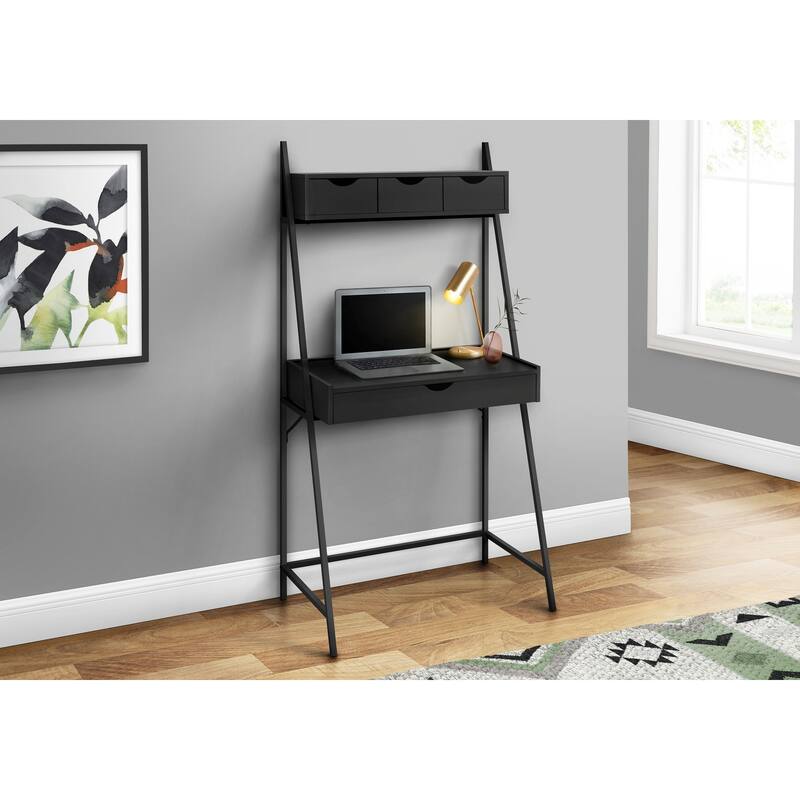 Computer Desk, Home Office, Laptop, Leaning, Storage Drawers, 32"l, Work, Black Laminate, Black Metal, Contemporary