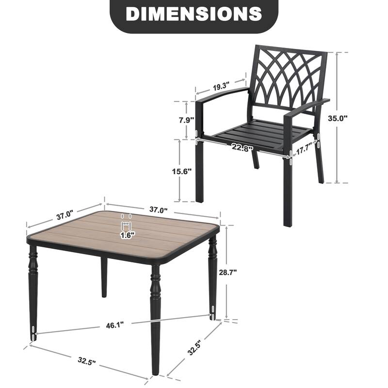 5PCS Patio Stackable Dining Set, Umbrella Hole and Wood-Grain Tabletop