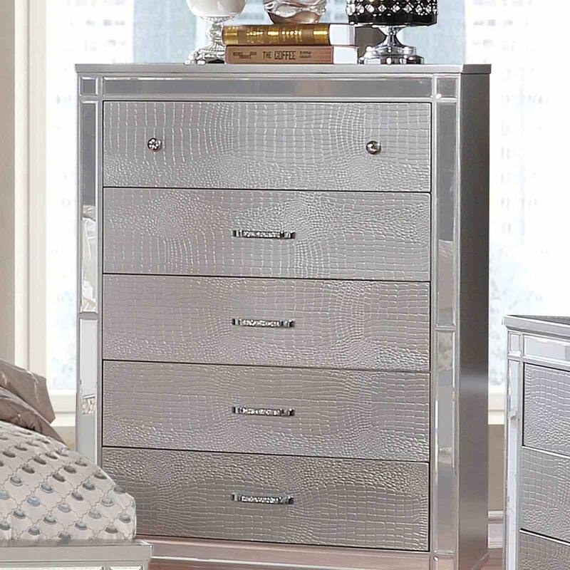 Modern Silver Finish Bedroom Set LED Lights Bed Nightstand Dresser Mirror Chest