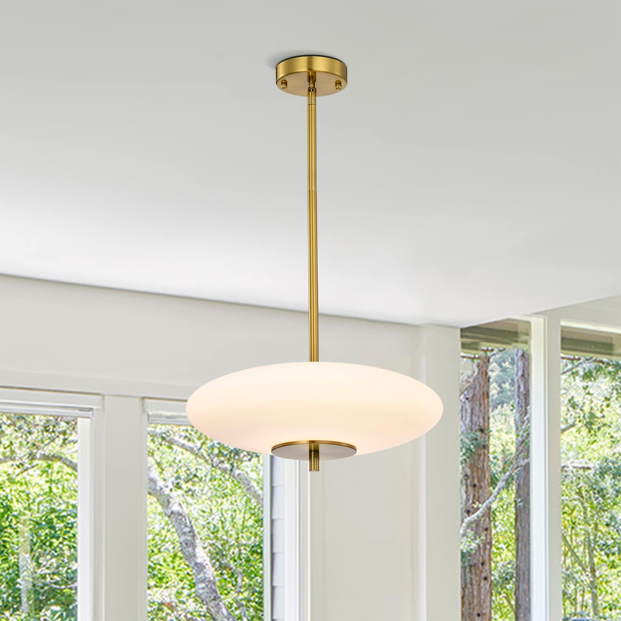 Warehouse of Tiffany Caio Brass Pendant Light with Oval Disk Frosted Glass Shade