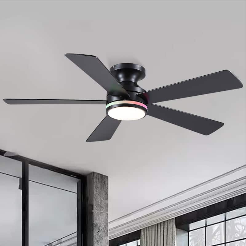 46 Inch Flush Mount Ceiling Fan with Light 5 Reversible Dual Side Blades for Bedroom,Living Room,Patio - 46 Inches