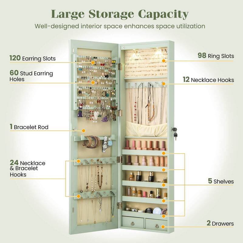 Costway Mirrored Wall & Door Mounted Jewelry Cabinet Storage Organizer - See Details