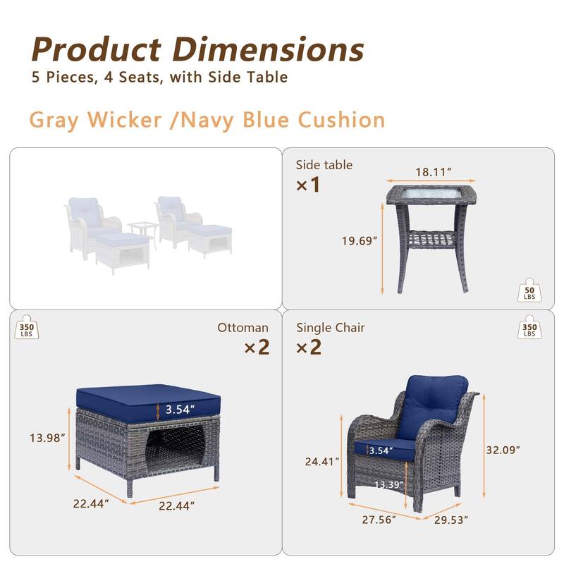 Outdoor Patio Furniture-Gray Wicker Armchair with Storage Ottoman Sets