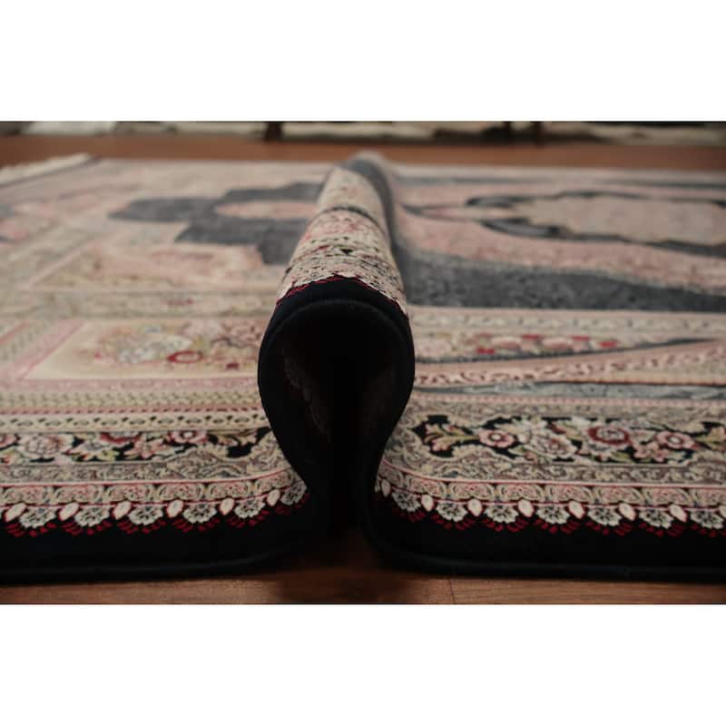 Machine Made Oriental 90% Silk - 10% Polyester Carpet Traditional Medallion Navy Blue & Blues Qum Area Rug - 9' 10'' X 6' 6''