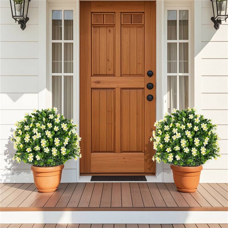 Set of 2 Artificial Boxwood Topiary Ball Trees with Purple and White Flowers Sun-Proof Cement Pot Low Maintenance - 6" x 21.5"