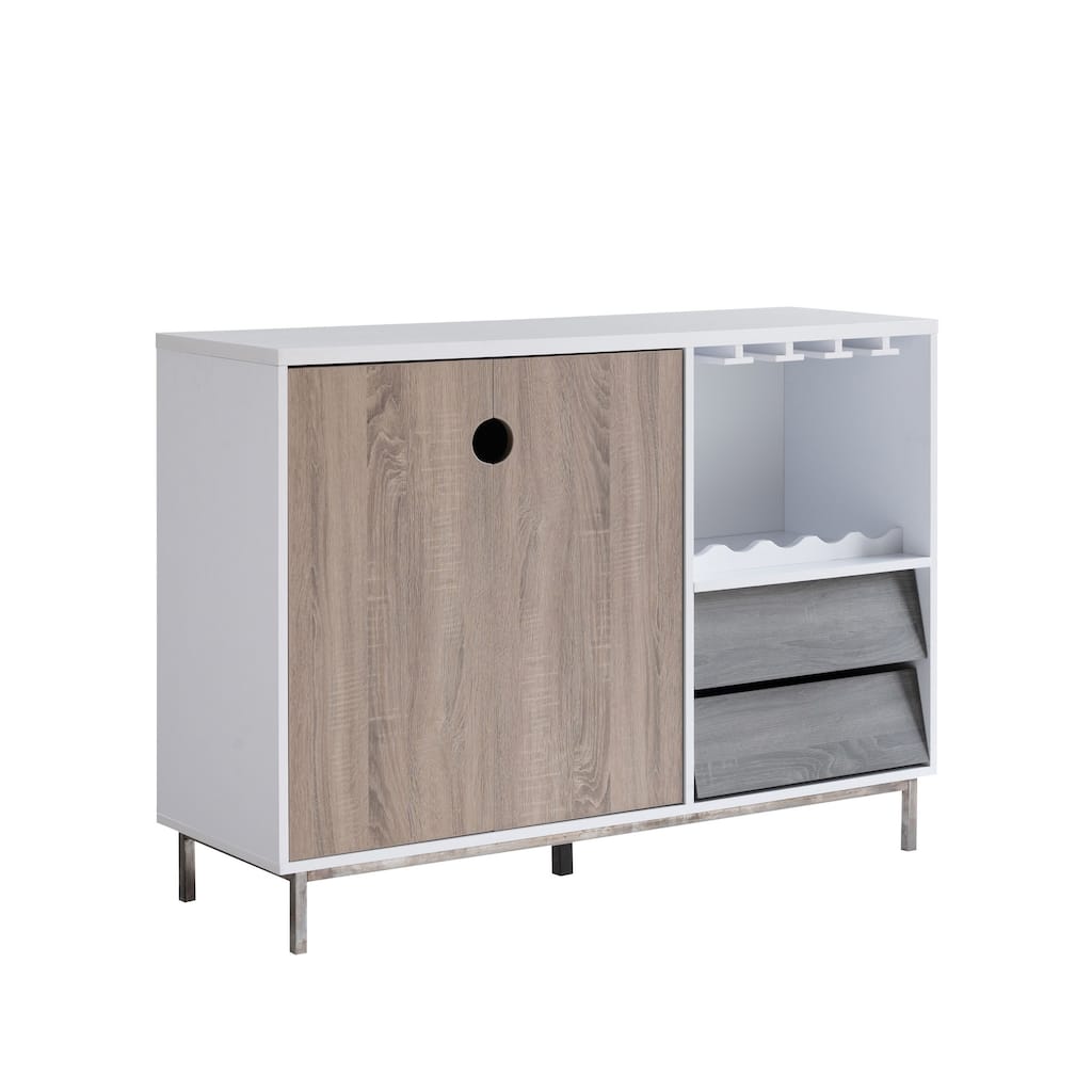 Wine Cabinet, 2 Drawers, Stemware and Bottle Rack, White Brown Gray