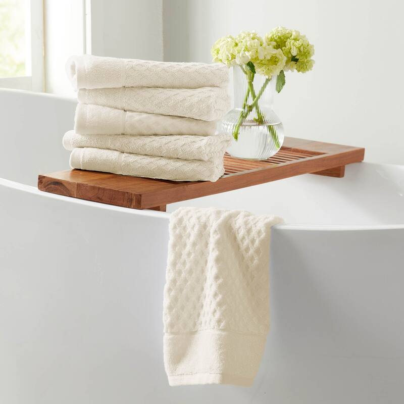 Linery & Co. Cotton Diamond Waffle Texture Bath Towels. - Hand Towel (Pack of 6) - Ivory