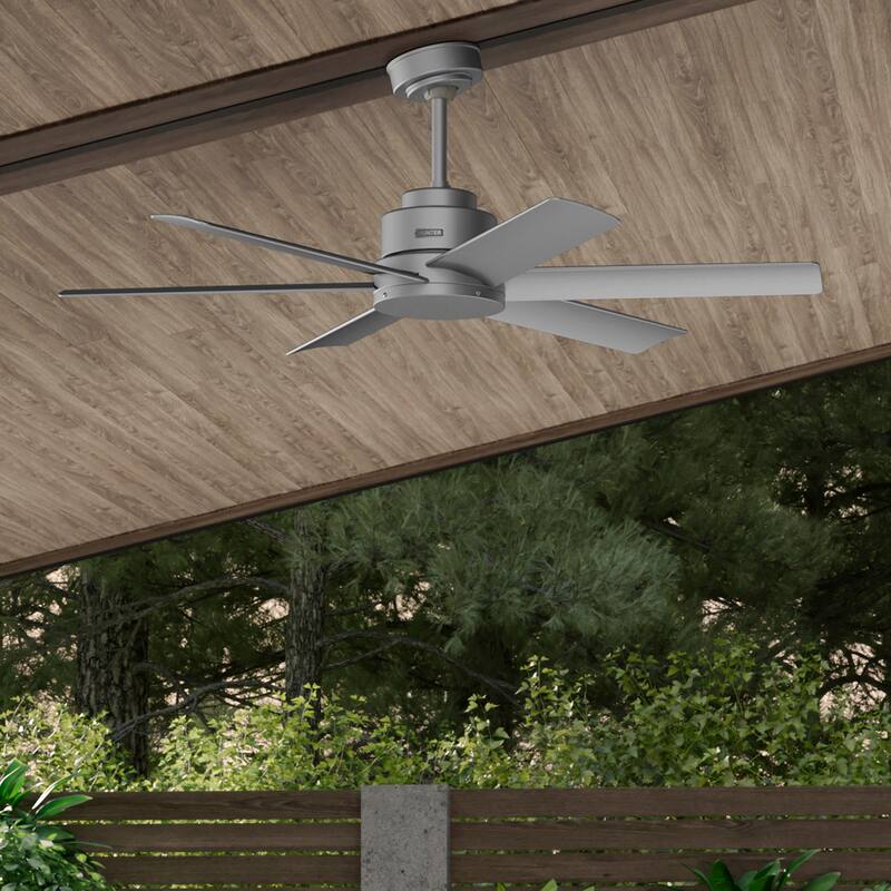Hunter 52" Kennicott Outdoor Ceiling Fan, Wall Control - Contemporary, Industrial, Transitional - Windmill - Damp Rated! - Matte Silver
