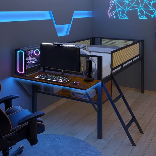 slide 2 of 36, Twin Loft Bed with Rectangular Desk and Lamp Brown