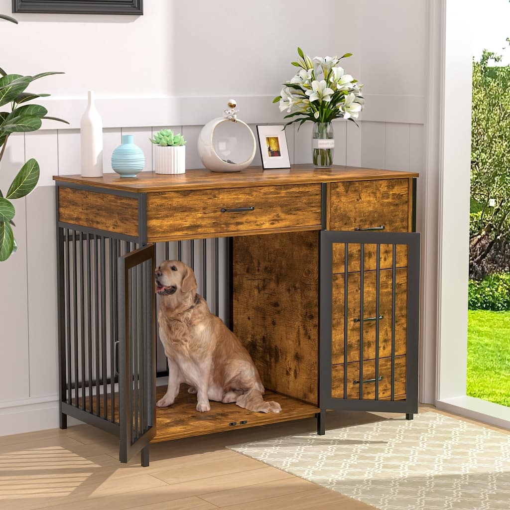 Javlergo Multi-Functional Dog Crate Furniture with Lockable Doors Food Storage 3 Drawers & Pull-Out Feeding Bowls for Dogs