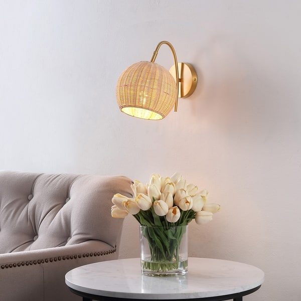 slide 2 of 5, SAFAVIEH Lighting Nahum 8.5" Wall Sconce (Set of 2) - 11.5" x 8.5" x 11"-W/D/H Natural / Brass