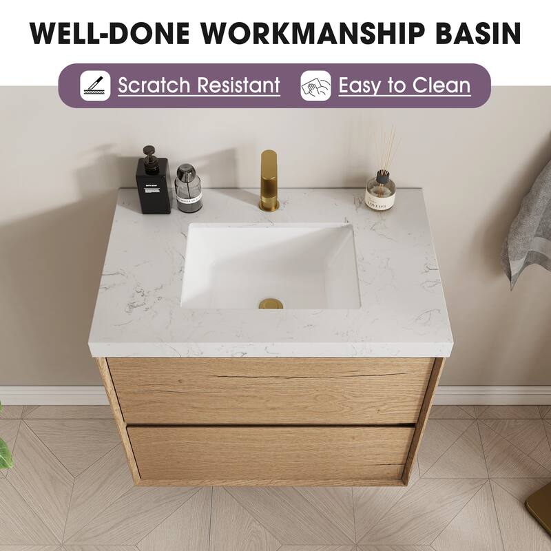 Sylphar 30 inch Bathroom Vanity with Sink, Floating Oak Cabinet with Stone Top