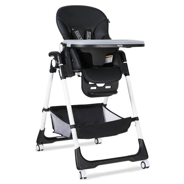 slide 2 of 7, Simple Fold Highchair for Infants w/Large Storage Basket, Adjustable Height, Detachable Double Trays, 4 Lockable Wheels, Black Black