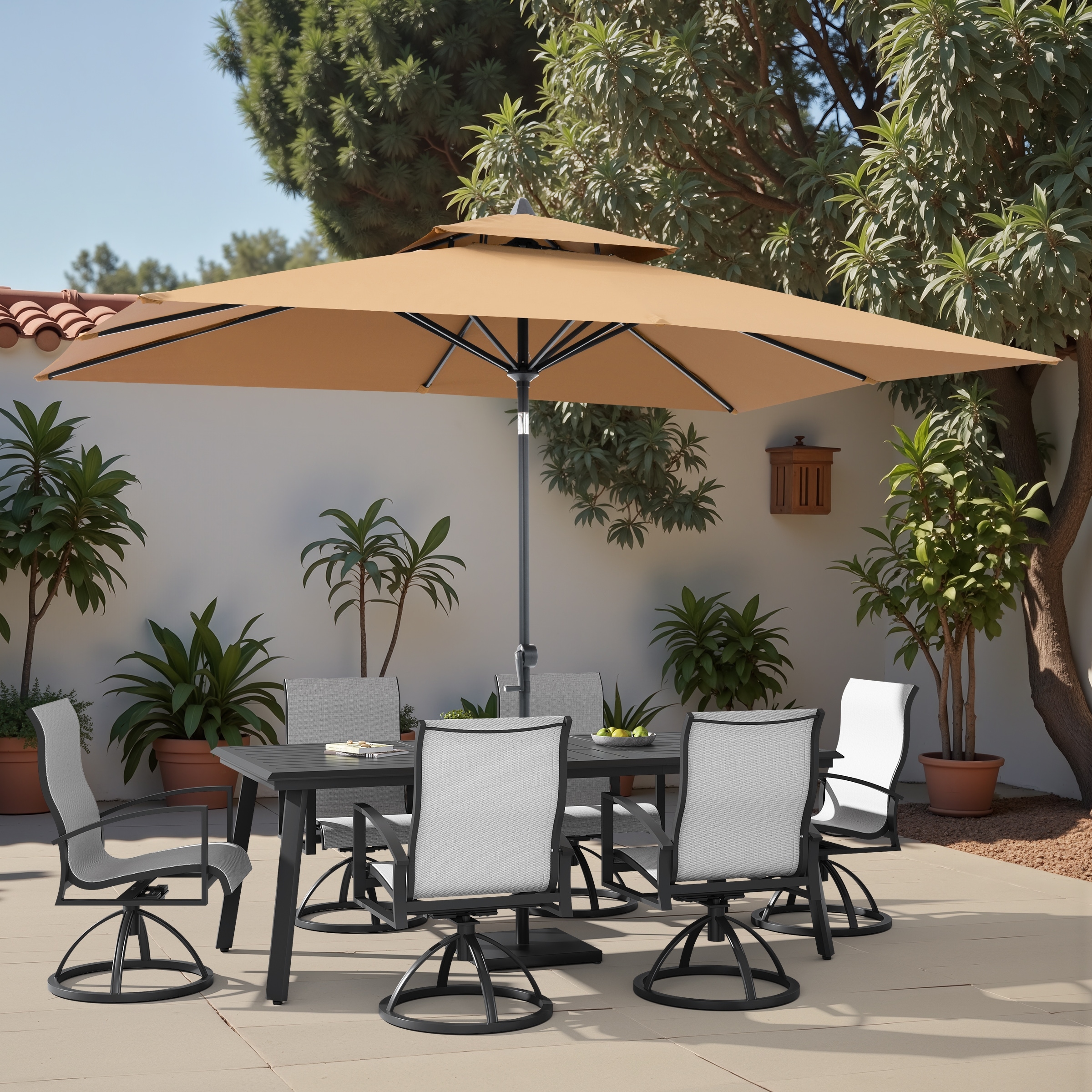 9-Piece Outdoor Aluminum Dining Table and Swivel Sunbrella Chairs with Market Umbrella and Base Set