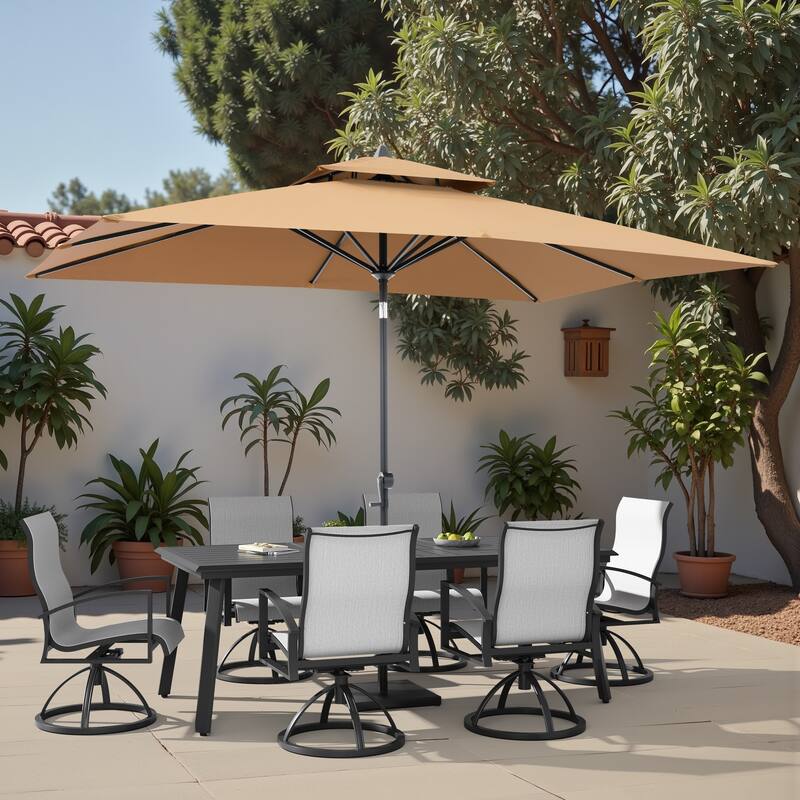 9-Piece Outdoor Aluminum Dining Table and Swivel Sunbrella Chairs with Market Umbrella and Base Set - Augustine Oyster