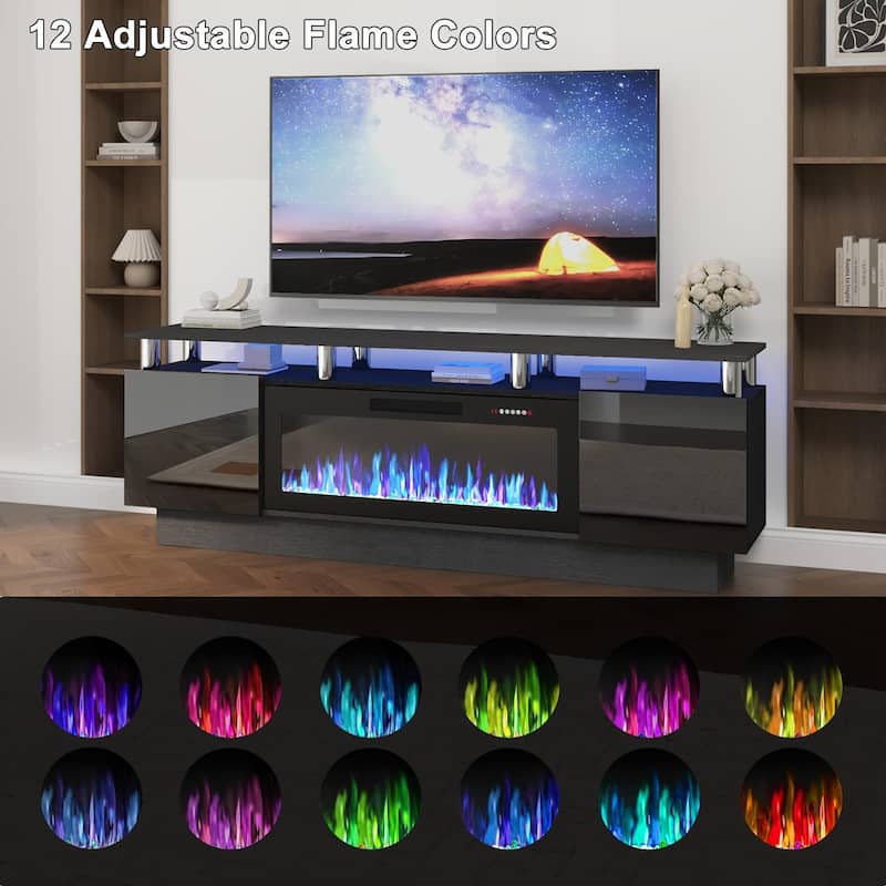 BOSSIN 70" Modern Electric Fireplace TV Stand, with Electronic Flame and LED Lights, High Gloss Finish Entertainment Center