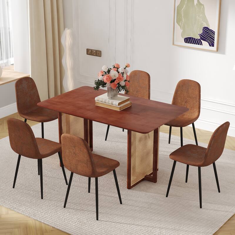 Solid Wood Dining Table Set for 6, 59" Tables with Imitation Rattan Legs And 6 Chairs, 7-Piece Modern Dining Table & Chair Set - Brown,Walnut