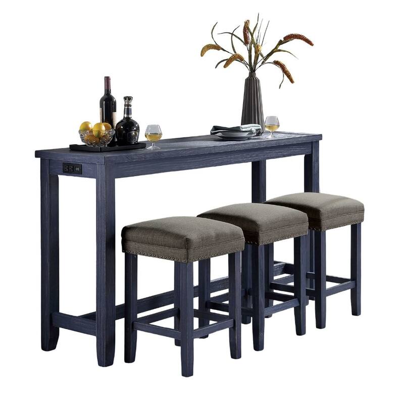 Transitional Style 4pc Dining Table Set 1x Table 3x Stool Padded Seat Nailhead Trim USB Port