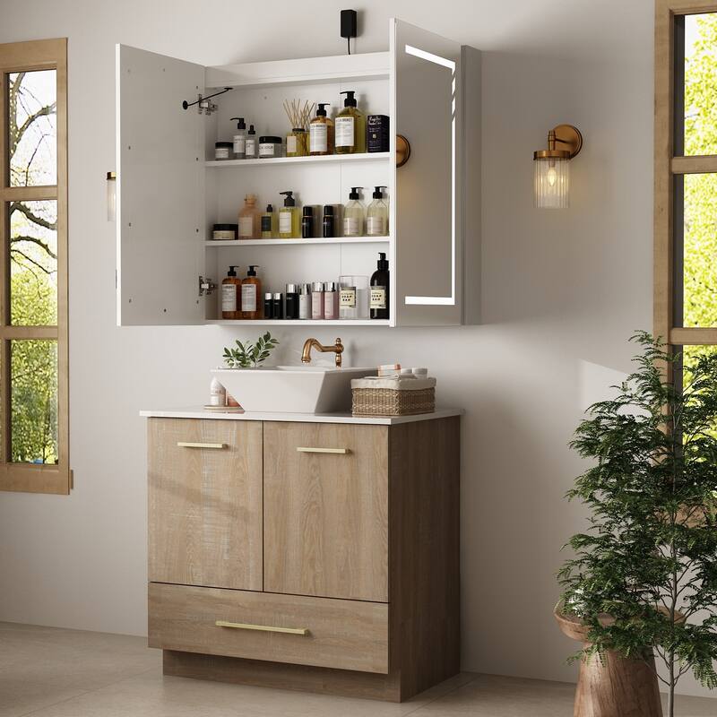 Gleaming Vanity Set Ceramic Basin and LED Mirror Cabinet Combo