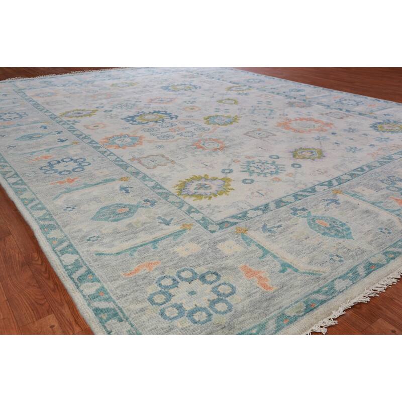 Hand Knotted Oriental 100% Wool Carpet Transitional All-Over Beige & Ivories Oushak Area Rug - 12' 2'' X 9' 1''